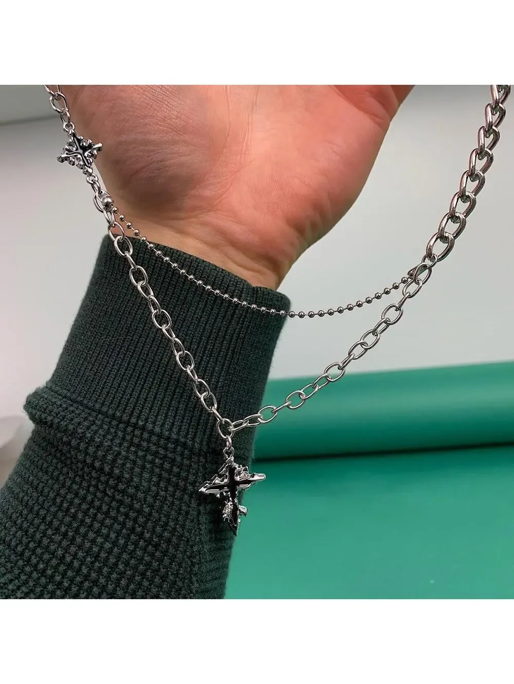 Cyber Y2k 2000s punk grunge crystal cross pendant necklace chain. 21.5 inches